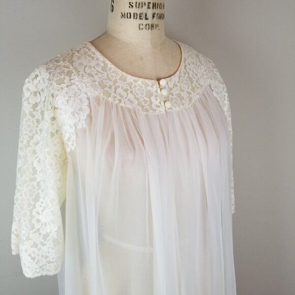 Vintage 1950's Pale Cream Lace Trimmed Sheer Peignoir by Shadowline ~ Ladies Sm - Picture 9 of 11